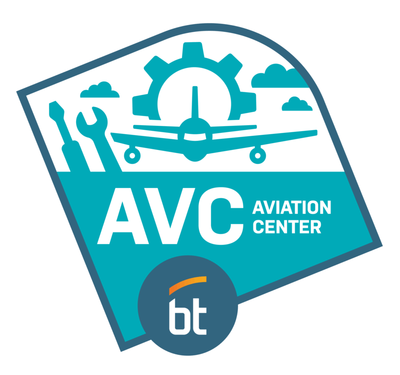 Logo for AVC Aviation Center featuring an airplane, gear, wrench, screwdriver, clouds, and the letters 