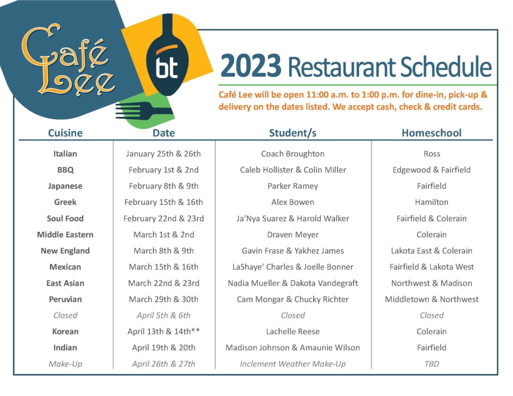 Cafe Lee 2023 schedule 