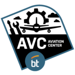A logo featuring an airplane, gear, wrench, and screwdriver silhouettes with "AVC AVIATION CENTER" text. Perfect for current grades 9 and 10 interested in aviation—spot the blue circle with "bt" over a blue-bordered angled rectangle. Open House soon!.