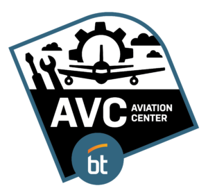 A logo featuring an airplane, gear, wrench, and screwdriver silhouettes with "AVC AVIATION CENTER" text. Perfect for current grades 9 and 10 interested in aviation—spot the blue circle with "bt" over a blue-bordered angled rectangle. Open House soon!.