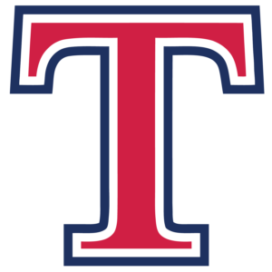 a capital T in blue and red - logo for Talawanda Local School District