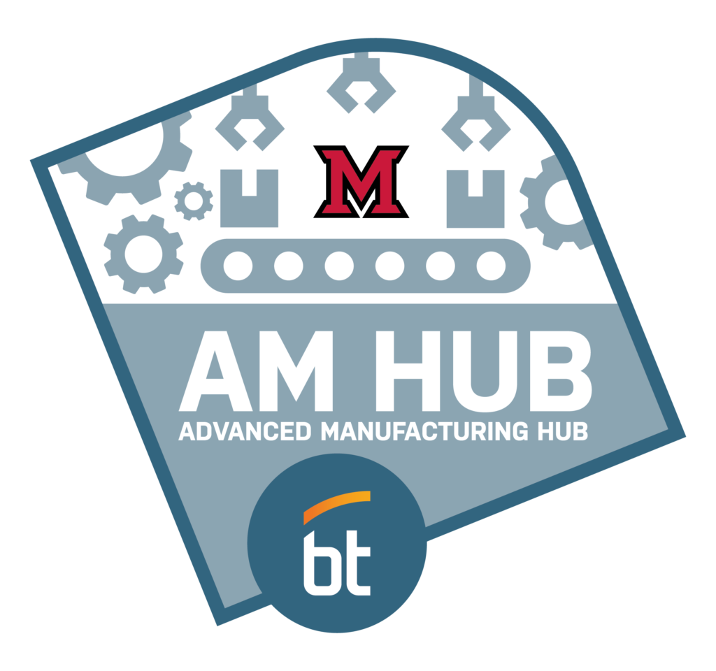 Logo for AM Hub—Advanced Manufacturing Hub—featuring Miami University's "M" emblem, industrial gear and conveyor icons, and a badge with "bt" at the bottom. Great for student admissions or Open House materials highlighting high school grades.
