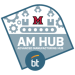 Logo for AM Hub—Advanced Manufacturing Hub—featuring Miami University's "M" emblem, industrial gear and conveyor icons, and a badge with "bt" at the bottom. Great for student admissions or Open House materials highlighting high school grades.