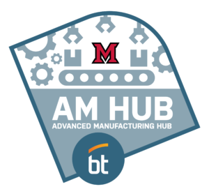 Logo for AM Hub—Advanced Manufacturing Hub—featuring Miami University's "M" emblem, industrial gear and conveyor icons, and a badge with "bt" at the bottom. Great for student admissions or Open House materials highlighting high school grades.