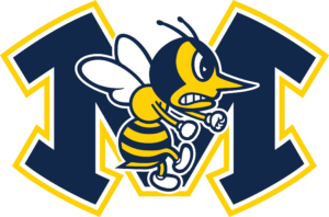 Monroe Local schools logo - capital M in blue and yellow with hornet in the middle of the letter