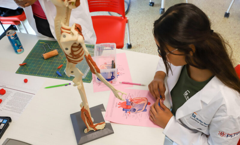 A 10th Grade student in a lab coat studies a human anatomy diagram at a table in the Health Science Academy, with a model skeleton and colored pencils scattered among other study materials.
