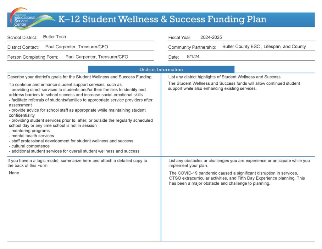 A form titled "K–12 Student Wellness & Success Funding Plan" with fields for school, fiscal year, contact info, district goals, wellness successes, major challenges, and COVID-19 impact—organized into blue and white sections with text in each box.