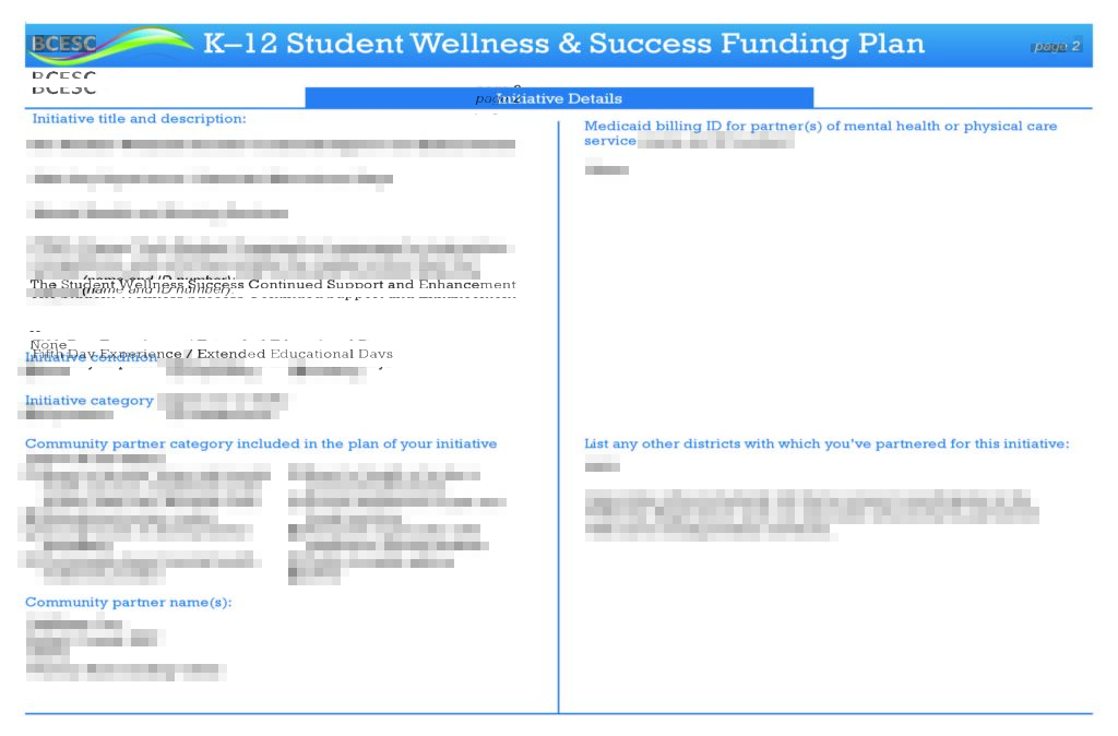 A funding plan form titled "K–12 Student Wellness & Success Funding Plan" with sections for initiative details, Student Wellness partners, Medicaid billing, and school district collaborators; some fields are filled in.