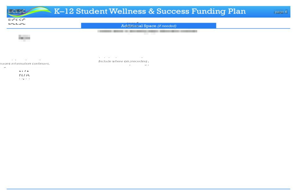 A document titled "K–12 Student Wellness & Success Funding Plan" features a header and a section labeled "Additional Space (if needed)," with only "N/A" noted, reflecting no extra information related to Student Wellness or Success.