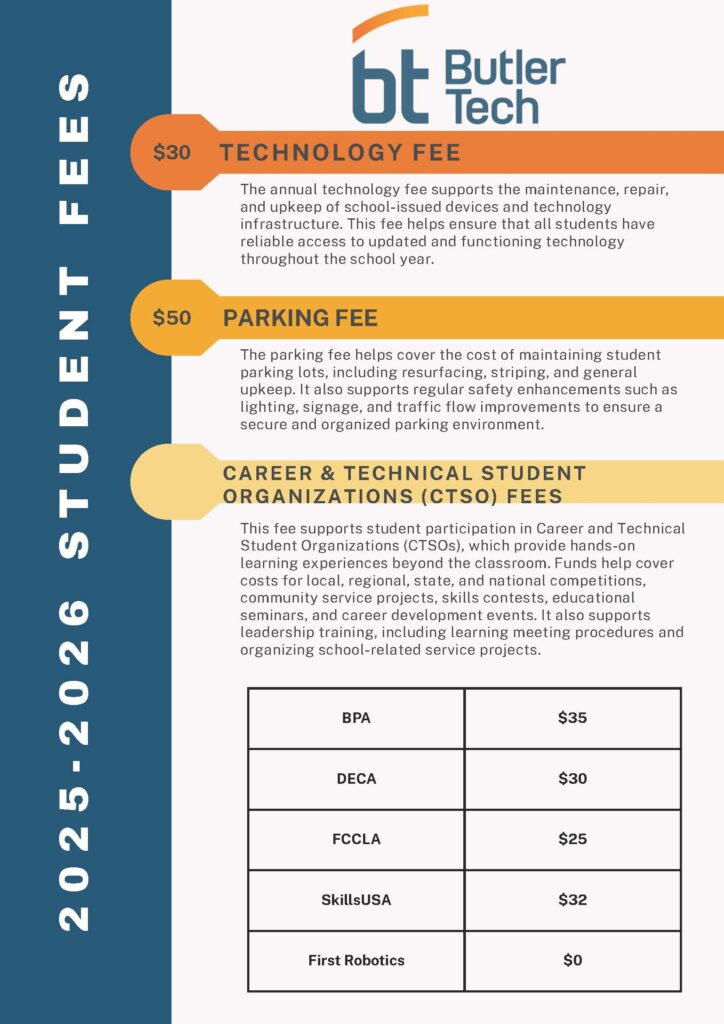 An informational flyer from Butler Tech includes an Enrollment Checklist and details 2025-2026 student fees for technology ($30), parking ($50), and Career & Technical Student Organizations such as BPA, DECA, SkillsUSA, and First Robotics.