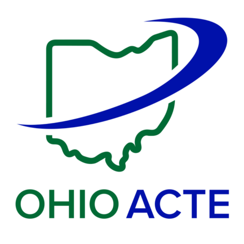 A green outline of the state of Ohio with a bold blue swoosh crossing it, above the text 