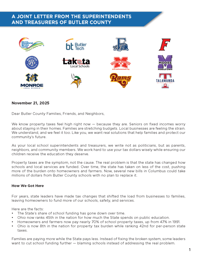 A letter from Butler County superintendents and treasurers, featuring multiple school logos at the top and discussing education funding challenges, cost shifts, and community impacts, dated November 21, 2025.