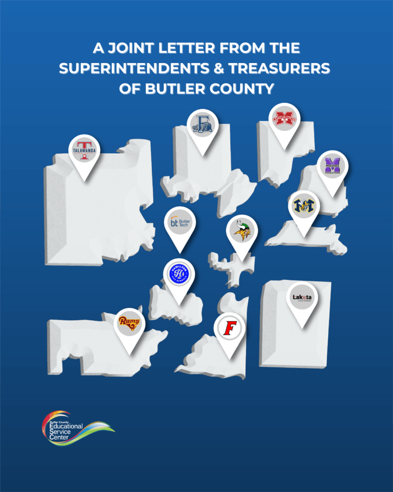 A graphic features a blue background with nine white map shapes for Butler County regions, each displaying school district logos. At the top, it reads, 