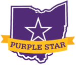 Outline of Ohio in purple with a white star inside. A yellow banner across the middle reads "PURPLE STAR" in purple letters. Text below says, "Supporting Military Families and the Aviation Center.