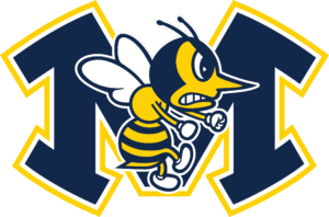 A cartoon yellow jacket hornet with a fierce expression and fists up, outlined in white, stands in front of a large, bold navy blue "M" with a yellow border—perfect for promoting school spirit during Discovery Days.