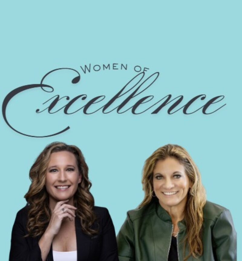 Two smiling women sit side by side in front of a light blue background, with 