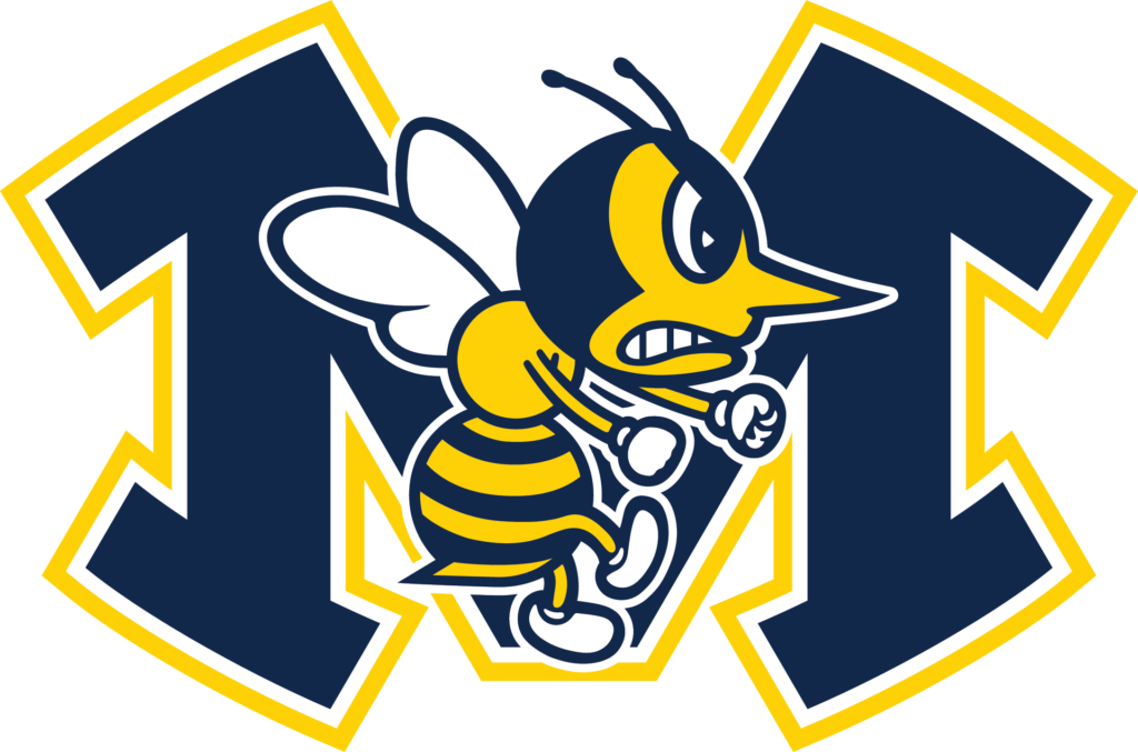 A cartoon yellow jacket mascot with white wings, clenched fists, and an intense expression is centered over a large, dark blue letter "M" outlined in yellow and white, representing the strength of the school board.