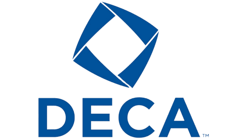 The DECA logo, featuring a blue, stylized, four-sided diamond shape above the bold blue text 
