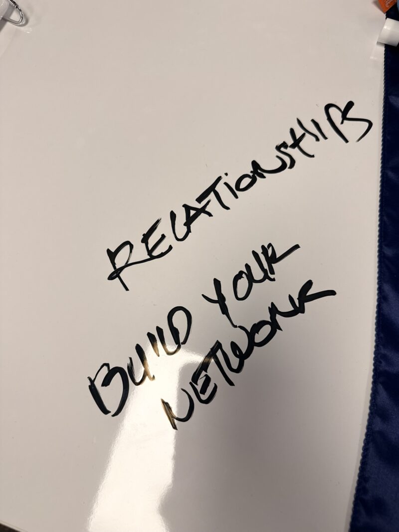 A whiteboard with the handwritten phrases 