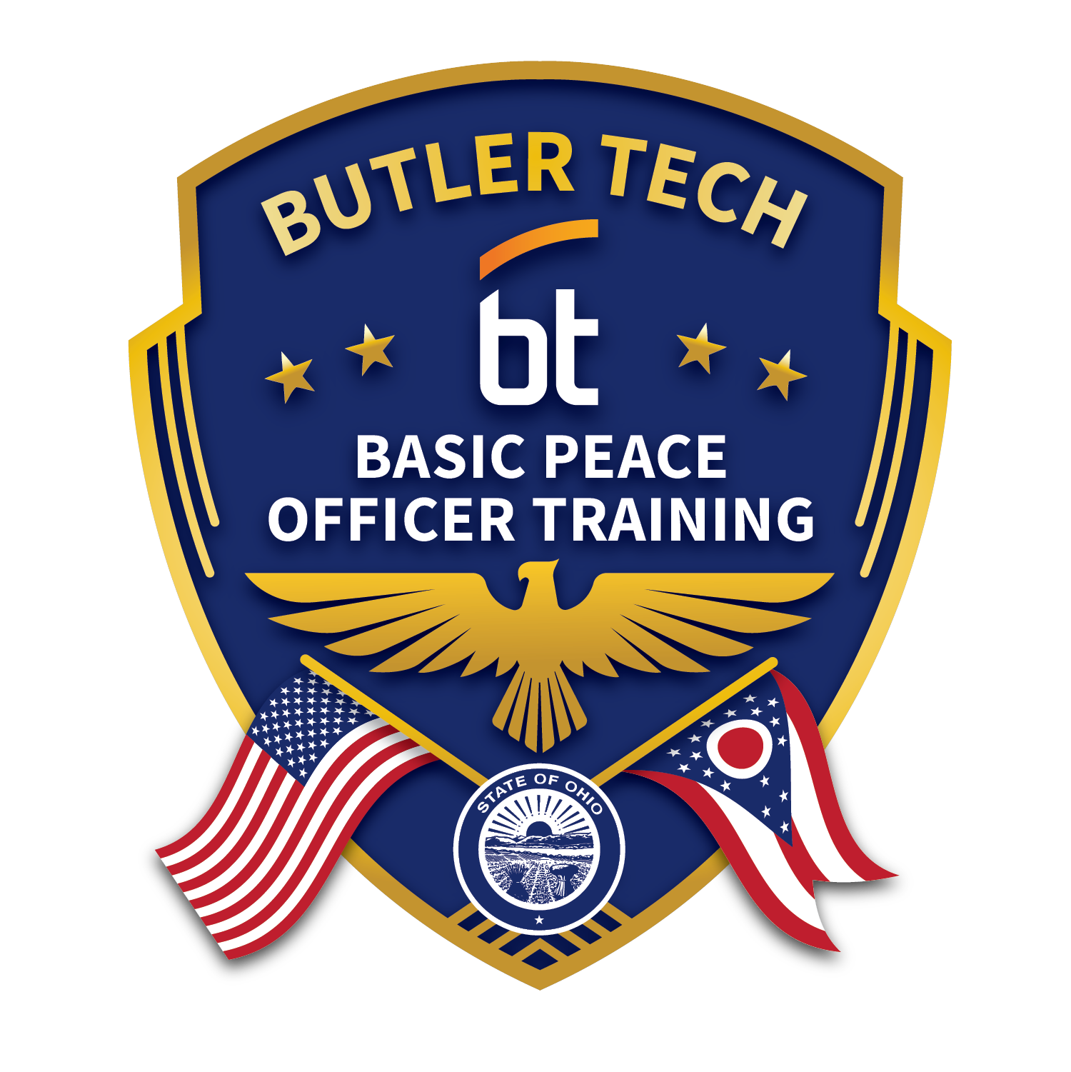 A blue and gold badge featuring “Butler Tech Basic Peace Officer Training,” an eagle, the Ohio state seal, and American and Ohio flags. Four gold stars are displayed above the text, symbolizing excellence at the Butler Tech Police Academy.