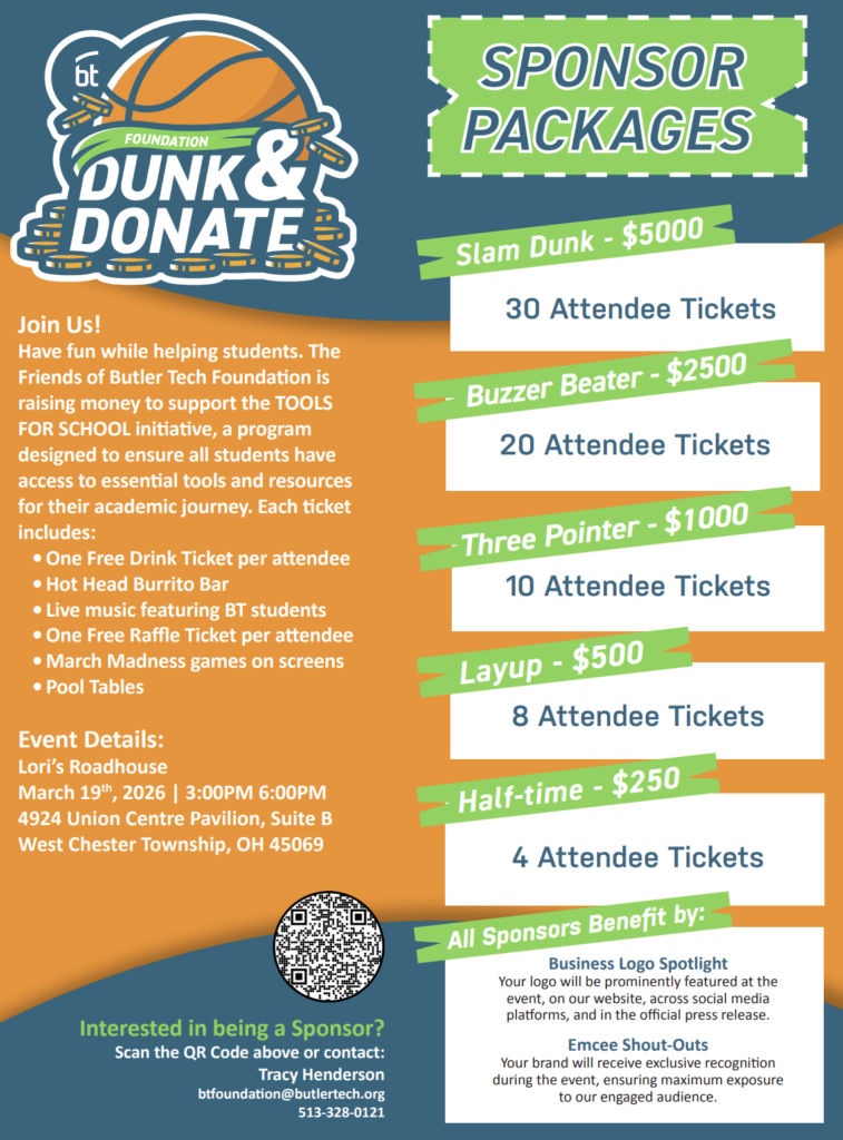 Colorful Dunk & Donate flyer showcasing sponsor packages ($250–$5000), attendee ticket perks, event date (March 19, 2026), and location (West Chester, OH). Features contact details, QR code, and all the excitement of Dunk & Donate!