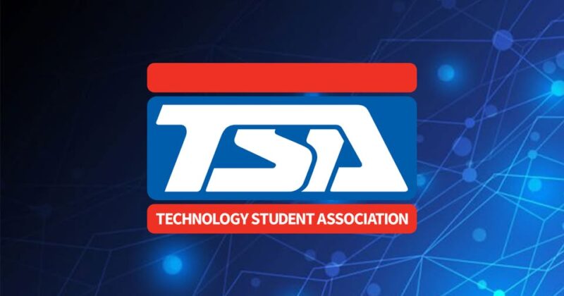 The logo of the Technology Student Association (TSA) appears in white and blue with red accents, set against a background of blue glowing network lines and nodes, representing TSA Students from Butler Tech at the State Conference.