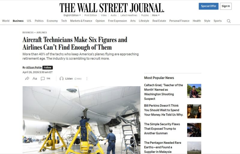 Aircraft technicians work under the wing of a large commercial jet, using ladders and tools. The Wall Street Journal headline highlights high earnings and shortages in the aviation workforce.