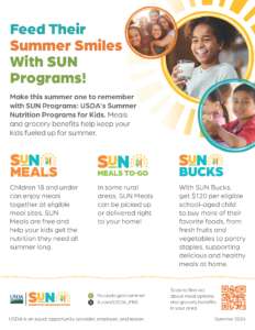 A colorful flyer promoting USDA’s SUN Programs for kids, featuring smiling children. Highlights include free summer meals, meals to-go, and $120 in grocery benefits to support student nutrition. USDA and website details appear at the bottom.