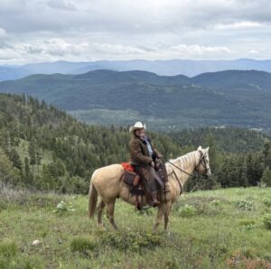 A person wearing a cowboy hat and brown coat sits on a light-colored horse in a grassy, mountainous landscape, surrounded by yellow wildflowers and trees—an image worthy of an Equine Science Alumni Spotlight featuring Lynsey Witt.