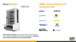 A vertical lift storage module is shown left; right side lists companies like Airbus, Boeing, SpaceX, Caterpillar, John Deere, and others with text about Modula’s US installations and product benefits—highlighting Real-World Opportunities made possible through the Modula Partnership with Butler Tech Students.