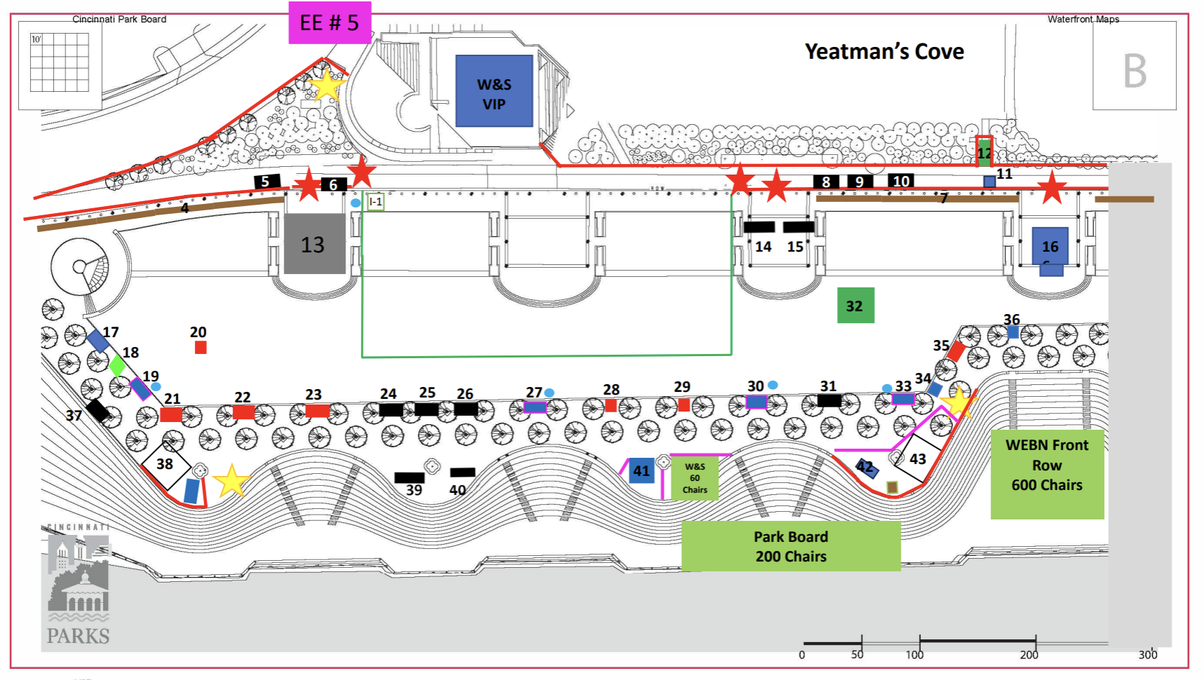 A color-coded site map of Yeatman’s Cove with labeled areas, numbered locations, chair placements, VIP sections, and stars marking key points. Pathways and seating sections are clearly outlined to help you navigate the Ohio River event and enjoy the WEBN Fireworks during Cincinnati fireworks celebrations.