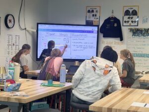 Five Madison students sit at tables in a classroom, facing a large interactive screen displaying a “Plant Ideas Presentation” for their garden project. Posters, jackets, and a clock decorate the room. The Butler Tech students are engaged and attentive.