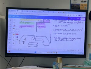 A classroom screen displays handwritten notes and diagrams about plant roots, with a focus on adaptations. An FFA jacket and inspirational signs are visible on the wall in the background, highlighting the involvement of Madison students in their garden project at Butler Tech.