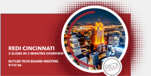 Aerial night view of downtown Cincinnati with illuminated buildings; text reads “REDI Cincinnati, 3 Slides in 3 Minutes Overview, Butler Tech Board Meeting, 9/15/26” with REDI Cincinnati logo, highlighting regional opportunities for growth and collaboration.