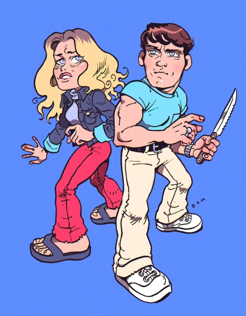 A comic-style illustration of a man and woman standing back-to-back, with the man holding a serrated knife for the Night of the Living Sorg Butler Tech student event.